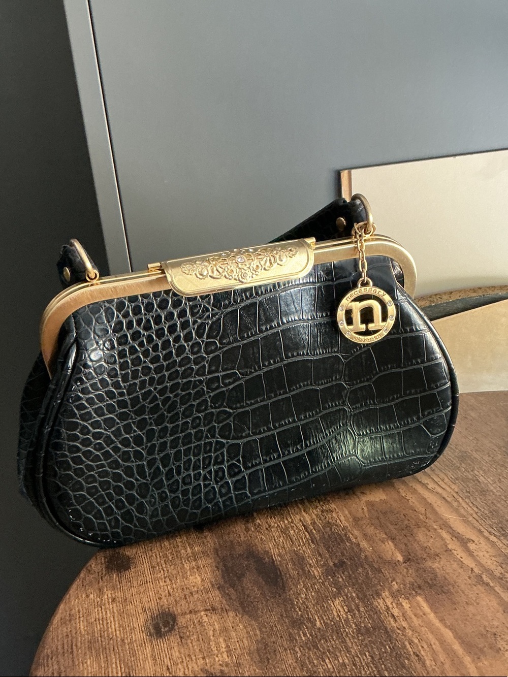 Necessary Objects Black Croc-Embossed Frame Clutch with Gold Charm